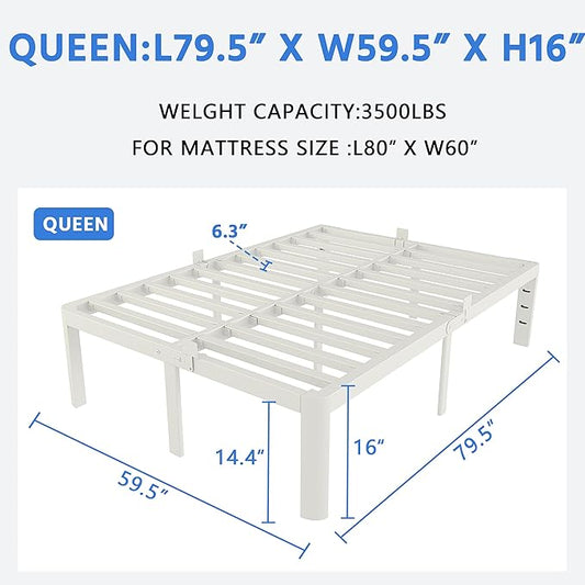 White Bed Frame Queen Size 16 Inch, Metal Queen Bed Frame No Box Spring Needed, Heavy Duty Steel Support 3500 LBS, DIY Headboard, Noiseless, Round Corner Legs, Storage Space, Easy Assembly