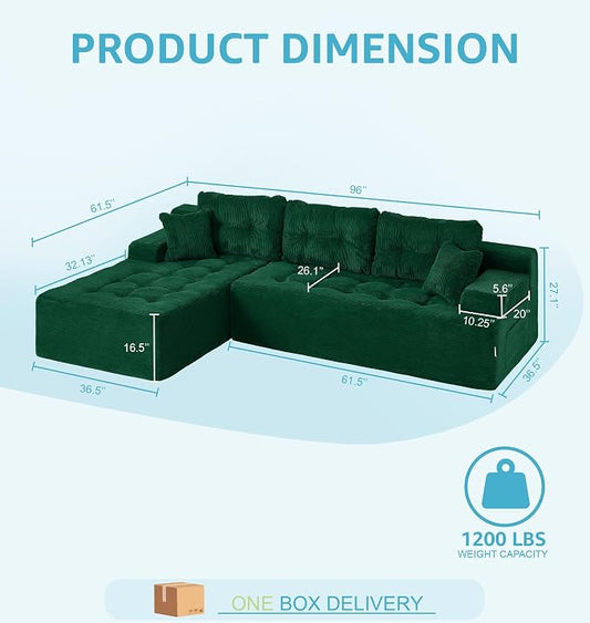 Hobestluk Modular Sectional Sofa Couches L-Shape Couch 3 Seat Modular Sofa Memory Foam Sectional Couches for Living Room, Cloud Couch with Oversized Chaise (Emerald Corduroy, 96", Left Hand Facing)