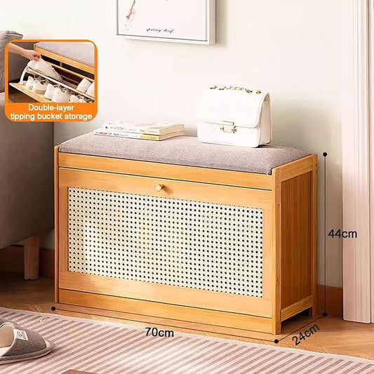 Entryway Storage Bench with Cushioned Seat Shoe Rack, 2-Tier Wooden Shoe Organizer Cabinet for Closet, Entryway, Hallway, Bedroom