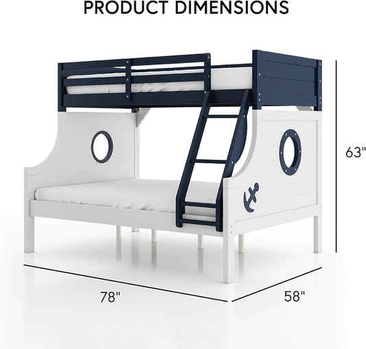Furniture of America Kirsen Modern Solid Wood Twin Over Full Bunk Bed, No Box Spring Required, Boat Theme, for Kids, Boys, Girls, Bedroom, Dorm, Blue/White, with Trundle