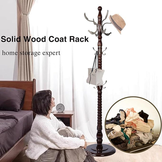 Wooden Coat Rack Freestanding, Hall Tree Hanger With Resin Hooks, Adjustable Heavy Duty Coat Rack for Hanging Clothes Bags Hats in Living Room Bedroom (coat rack, Round Base-Metal hook)