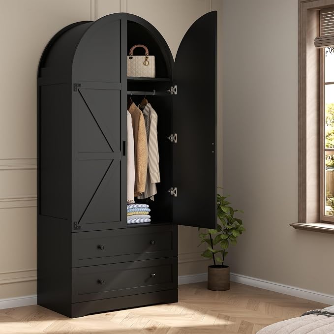 Gyfimoie Black Armoire Wardrobe Closet with 2 Drawers, 75" Wooden Wardrobe with 2 Doors, Freestanding Closet Armoire Cabinet with Hanging Rack, Clothing Storage Cabinet for Bedroom (Black)