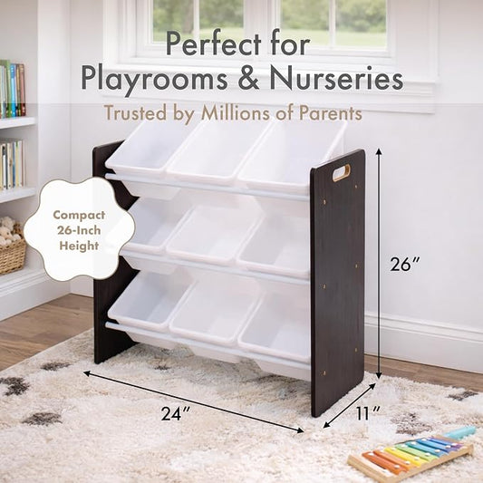 Humble Crew Toy Storage Organizer with 9 Removable Storage Bins for Kids Playroom, 3-Tier Toddler Toy Organization and Storage, Espresso/White