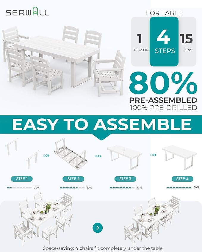 SERWALL HDPE Outdoor Dining Set for 6, 67'' Patio Table and Chairs Set | with Armless Seat