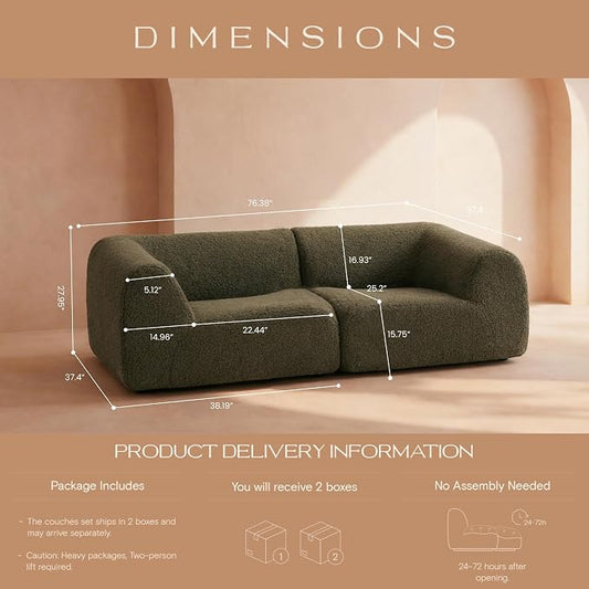 Curved Sectional Modular Couch with Chaise, Modern 76.38'' Boneless Sofa with Deep Seat, Sherpa Boucle Cloud Couch for Living Room, Cozy Teddy Loveseat Couches, No Assembly, Green