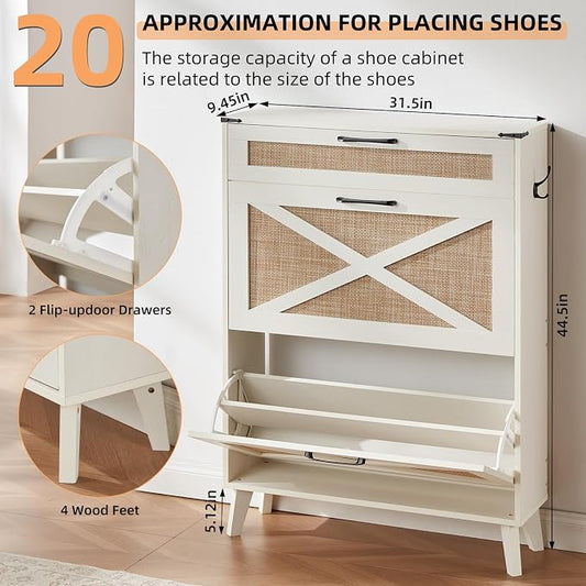 LEYAOYAO Shoe Cabinet Storage for Entryway with 2 Flip Drawers Rack Narrow Organizer Slim Hidden Wood Shoe Cabinet Furniture Off White