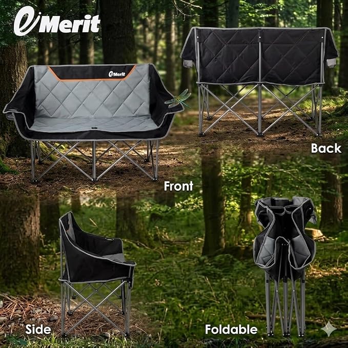 EMERIT Oversized Fully Padded Camping Chair, Heavy Duty 650LB Folding Camping Loveseat, Quad Fold Double Camping Couch with Cup Holders & Carry Bag for Outdoor, Lawn, Sports Events Black