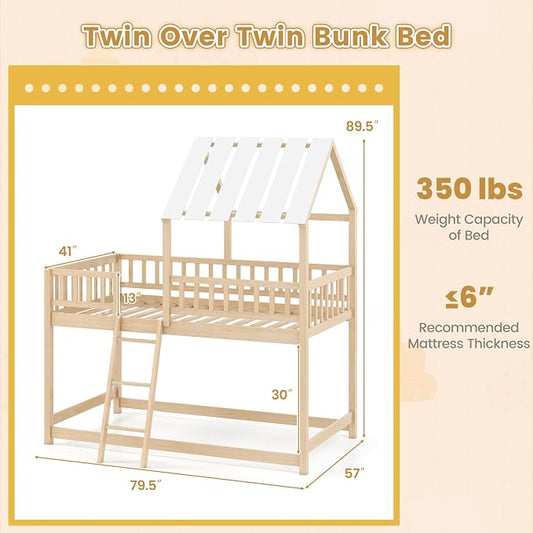 Giantex Twin Over Twin House Bunk Bed, Low Loft Bed Frame with Roof, Wood Bunk Bed with Ladder & Full-Length Guardrails, Twin Floor Bed for Kids Teens Boys Girls, No Box Spring Needed (Natural)