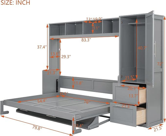 Merax Full Size Murphy Bed, Wall with Closet and Drawers, Storage Space Saving Muti-Functional Beds Frame for Home Office Guest Room, Gray