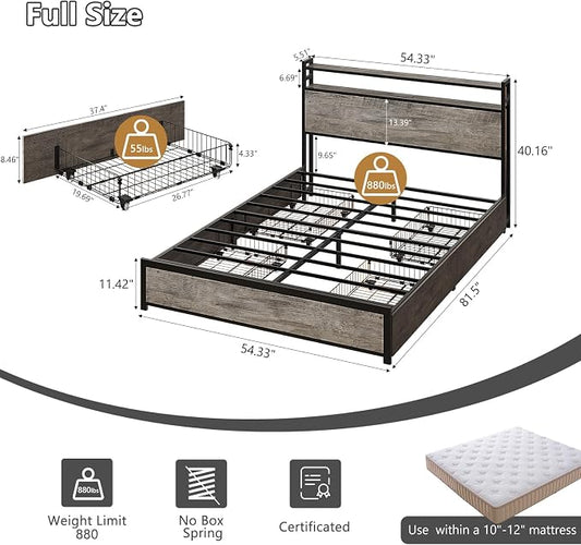 VINGLI Full Bed Frame with 4 Storage Drawers and Adjustable Headboard, Metal Double Platform Bed with Charging Station and LED Lights, No Box Spring Needed, Noise Free, Easy Assembly, Wash Grey