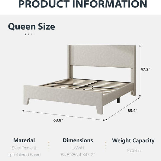 Queen Bed Frame with Faux Leather Upholstered Headboard, Wear-Resistant, Easy Clean, Mattress Foundation, No Box Spring Required, Easy Assembly, Beige