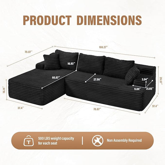 Hobestluk Boneless Couch Modular Sectional Sofa L-Shape Oversized Chaise | 108" Left Facing Chaise Charcoal,Memory Foam,Removable Cover,Non-slip Bottom,No Assemble Required,Living Room Furniture