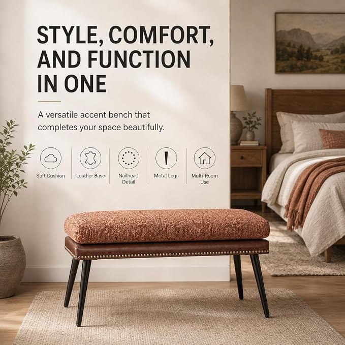 Forteek 32" Retro Upholstered Entryway Bench, Shoe Bench with Cushion | Leather & Fabric Padded Bench, End of Bed Bench for Bedroom, Dining Bench for Living Room, Storage Bench for Hallway & Foyer