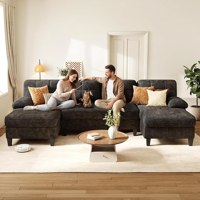 KKL U-Shaped Sectional Couch for Living Room, 112" Sectional Sofa | Modern Sofa with Double Chaise Deep Seat Couches for Living Room, Apartment, Office, Black