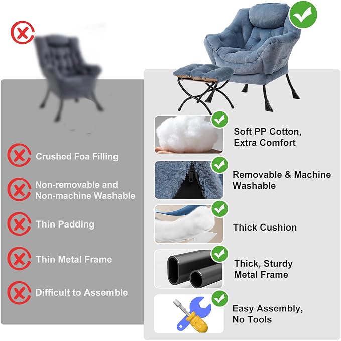 Furlide Lazy Chair with Ottoman, Modern Accent Chair with Armrests and a Side Pocket, Plush Light Blue Accent Chairs, Reading Chairs, Oversized Armchairs for Bedroom, Study, Living Room, Courtyard