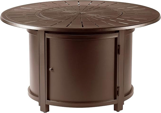 Oakland Living Round 44 in. x 44 in. Aluminum Propane Fire Pit Table with Glass Beads, Two Covers, Lid, 57,000 BTUs in Brown Finish
