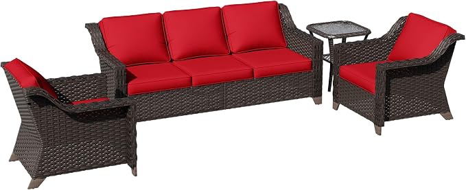 4 Pieces Patio Conversation Furniture Set - 1 Sofa, 2 Armchairs, 1 Side Table, Outdoor Wicker Furniture with Removable Cushions for Porch, Balcony, Sunroom (Red)