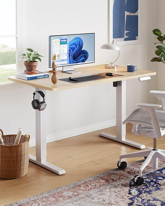 HUANUO Electric Standing Desk,53" x 28" Height Adjustable Desk, 4 Memory Height Settings, Sit to Stand Up Desk for Home Office, with Headphone Hook, Cable Manager, Natural