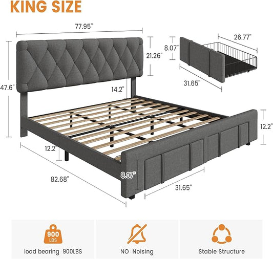 GarveeHome King Size Bed Frame, Upholstered Platform Bed Frame with Storage Drawers, Mattress Foundation with Solid Wooden Slats Support, No Box Spring Needed, Grey