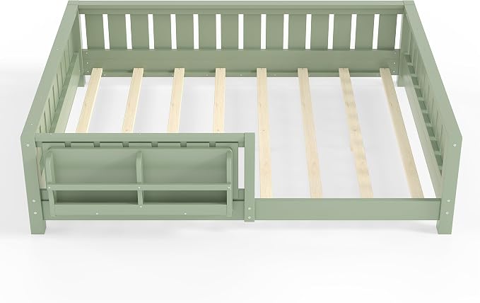 Bellemave Full Floor Bed with Slats and Rails, Full Size Montessori Floor Bed with Bookcase and Fence, Easy Assemble Montessori Beds for Girls, Boys, Avocado Green