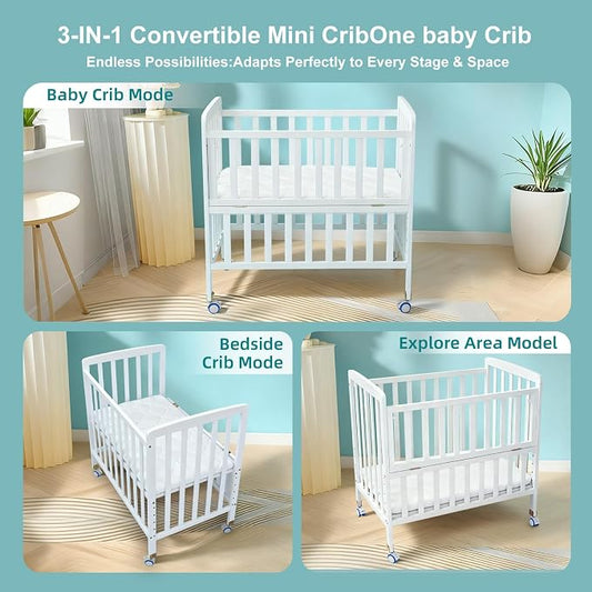 Flwrgirl Mini Baby Crib with Mattress,Portable Bedside Sleeper & Bassinet,6 Adjustable Heights,Wood Nursery Crib with Locking Wheels,Compact Baby Bed for Newborns & Infants,White