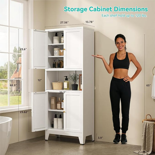 69" H Metal Pantry Cabinet with Open Shelf,13.78“Deep By 28" Wide Storage Cabinet with Doors and Adjustable Shelves,Microwave Stand,for Kitchen Dining Room Bathroom,White 1Pc