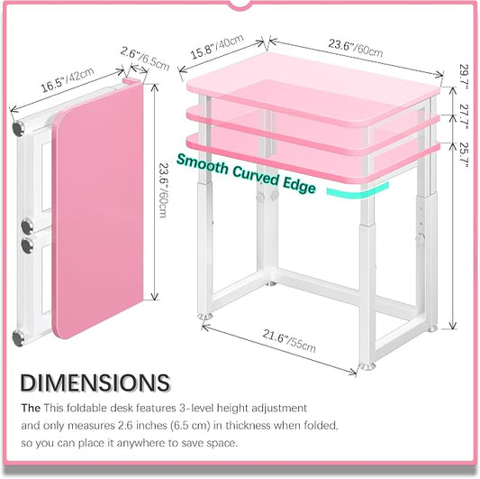 4NM No Tool Assembly 23.6" Small Desk, Folding Portable Desk with Wheels, Adjustable Height Foldable Computer Home Office Desks, Collapsible Study Writing Table for Space Saving Bedroom - Pink White