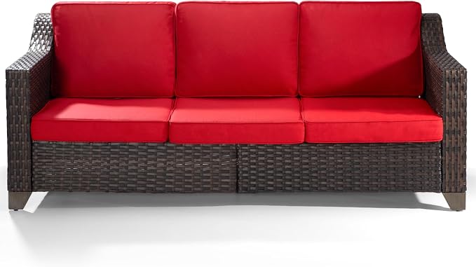 Joyside Patio Sofa - 3 Seater Rattan Sofa, All Weather High Back Sofa, Upgraded Large Size with 4inch Seat Cushions for Backyard, Garden, Poolside (Brown/Red)