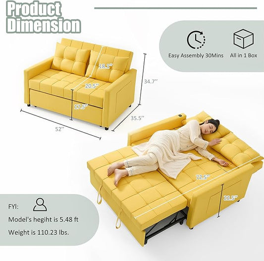 GOSUHI 52" Sleeper Sofa with Pull-Out Bed, 3-in-1 Convertible Sofa Bed, Set of Loveseat with Stepless Adjustable Backrest and Side Pocket, for Living Room Dorm Apartment, Linen, Yellow