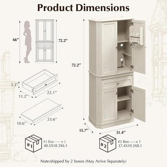 72.2" Tall Kitchen Pantry Cabinet with Doors, Farmhouse Storage Cabinet with Charging Station & LED Light, Drawer, Adjustable Shelves and Pull-Out Shelves, White Wood Pantry Cupboard for Dining Room