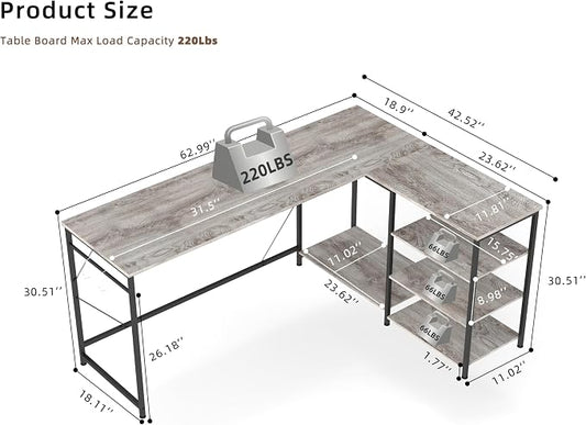 YOSHOOT 63" L Shaped Computer Desk, Gaming Desk | Office Desk with Open Shelves, Corner Desk L Shape for Home Office Work Study, Grey