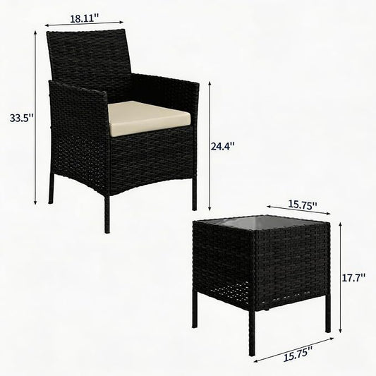 3-Piece Outdoor Furniture Set, PE Rattan Wicker Chairs with Soft Cushions & Tempered Glass Coffee Table - All-Weather Patio Set for Garden, Backyard, Porch, Poolside (Black/Beige)