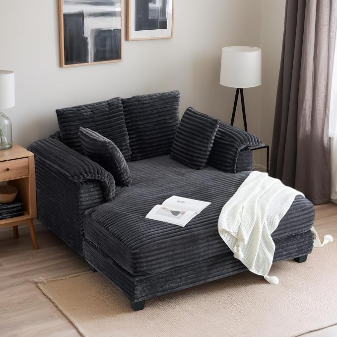 VINGLI 56" Oversized Chaise Lounge Chair, Dark Grey Comfy Corduroy Chaise Sofa Recliner Bed Upholstered Sleeper Couch Bed with Throw Pillows and Armrests for Living Room, Movie Room, Bedroom