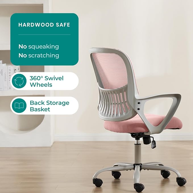 OLIXIS Home Office Chair, Mid Back Computer Ergonomic Mesh Desk with Large Seat, Executive Height Adjustable Swivel Task with Lumbar Support and Armrest, for Adults, Pink