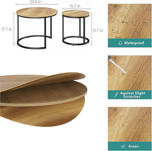 Smuxee Nesting Coffee Table Set of 2, 23.6" Round Coffee Table Brown Wood with Adjustable Non-Slip Feet, Industrial End Table Side Tables for Living Room Bedroom Balcony Yard