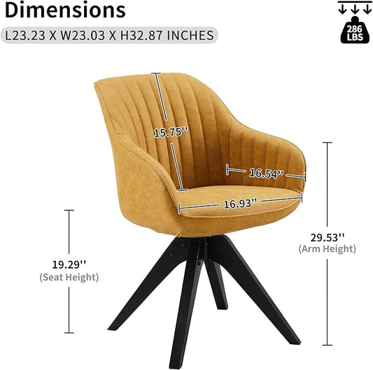 Art Leon Office Chair No Wheels, Mid Century Modern Desk Chair, Swivel Accent Chair with Oak Wood Legs, Faux Leather Upholstered Armchair for Desk, Yellow Brown