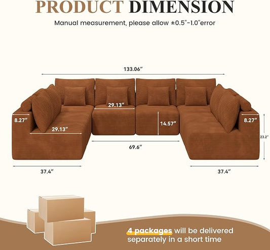 Modern U Shaped Modular Sectional Sofa, Convertible Oversized Cloud Couches for Living Room, Comfy 8 Seater Corduroy Boneless Couch Sofa Set, No Assembly Required, Beige 1 PCS