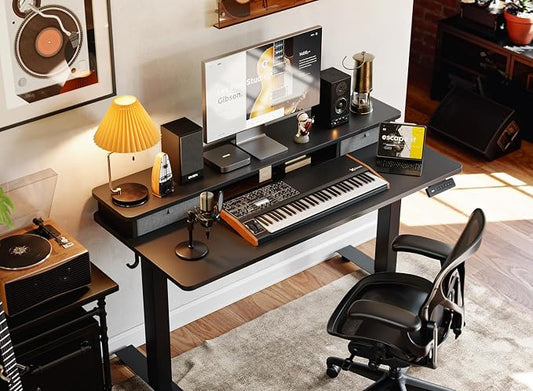 BANTI 48x24 Inch Electric Standing Desk with Dual Drawers, Height Adjustable Stand Up Table, Sit Stand Home Office Desk with Storage Shelf, Black Frame/Black Top