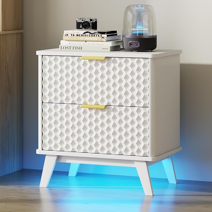 LVSOMT Smart Nightstand with Charging Station and LED Lights, 23.62" Wide Night Stand with 2 Drawers, Motion Sensor Motion-Activated Underlight, Honeycomb Bedside Table for Bedroom, White