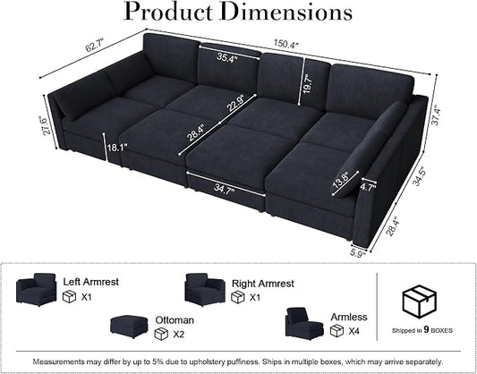 Oversized Modular Sectional Sleeper Sofa Bed Cloud Couches Blue | Deep Seat Couch for Living Room, 8 Seater Luxury Comfortable Sofa with Ottoman, Solid Wood Frame, Removable Washable Cover