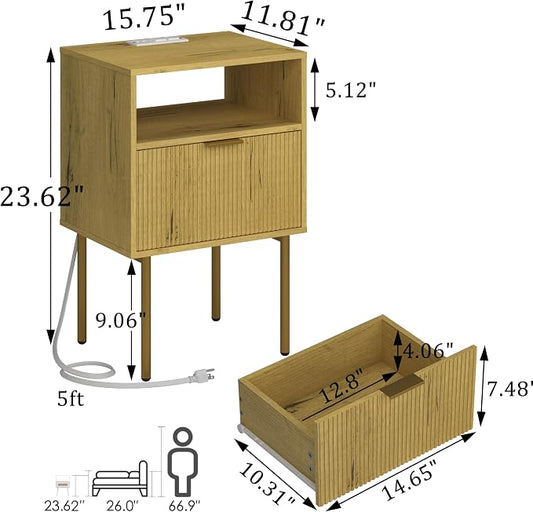 JOONEE Nightstand with Charging Station, Bedside Table with Storage Drawer, Fluted Side Table for Living Room, Bedroom