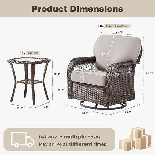 Belord 3 Piece Patio Set,Swivel Patio Chairs Set with Side Table, All-Weather Wicker Backyard Balcony Porch Seating Group,Beige