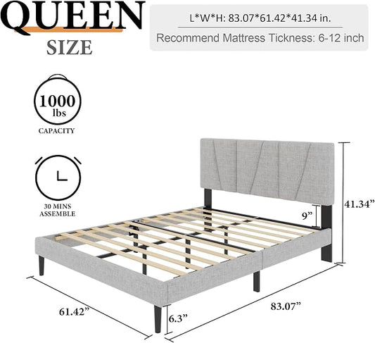 Sismplly Queen Size Platform Bed Frame with Upholstered Headboard, Wooden Slats Support, Noise Free, No Box Spring Needed, Easy Assembly, Light Grey, Linen