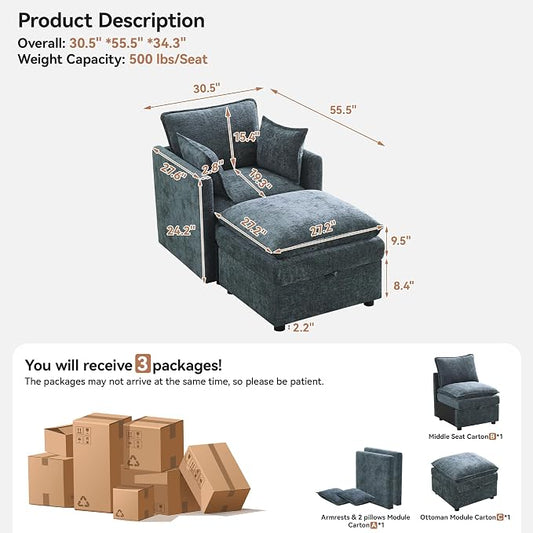 30" Cloud Modular Single Sofa Chair with Storage Ottoman, Modern Upholstered Accent Chair with Storage, Chenille Reading Lounge Armchair for Living Room, Bedroom, Small Space, Blue
