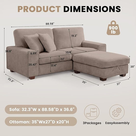 DOPEDIO L-Shaped Sectional Sofa with Storage Ottoman, Modern Chenille Recliner Loveseat, Removable Couch Covers, Pocket Spring Cushions, Solid Wood Frame, Easy to Install (88.58inch, Brown)