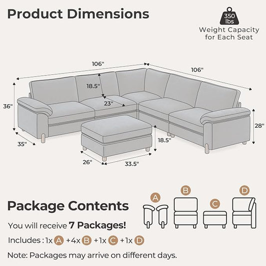 SITJOY Large Cloud Couch, 106" Wide 5 Seater V Shape, Chenille in Navy Blue | Detachable and Washable Chenille Cover Sectional Sofas for Living Room, Deep Seat Wide Couch with Chaise, Storage Ottoman