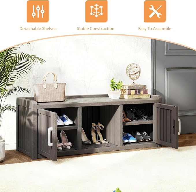 Outdoor Shoe Bench with Waterproof UV-Resistant Indoor Resin Shoe Cabinet Entryway Shoe Cabinet with 2 Doors or Entryway,Living Room,Bedroom,Black (2 Door)