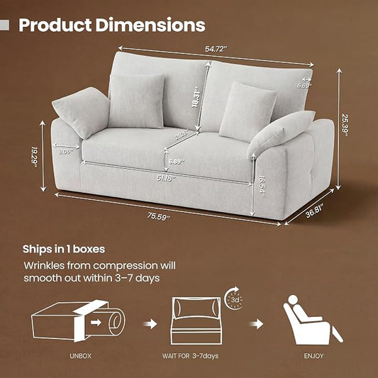75.6" Boneless Loveseat Sofa, Polyester Fabric 2-Seater Couch with 4 Pillows, No Assembly Required, Soft High Density Foam Cushion, Rectangular Track Arm Sofa for Living Room Bedroom Apartment (Beige)