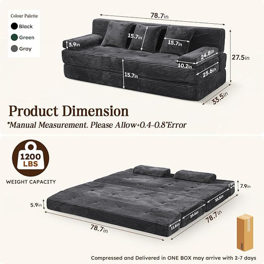 78.7IN Folding Sofa Bed - Convertible Sleeper Sofa Couch with Zippered Pillows, 3 Seater Couches Bed for Living Room, Bedroom, Apartment, No Assembly Required, Freestanding, Corduroy, Gray