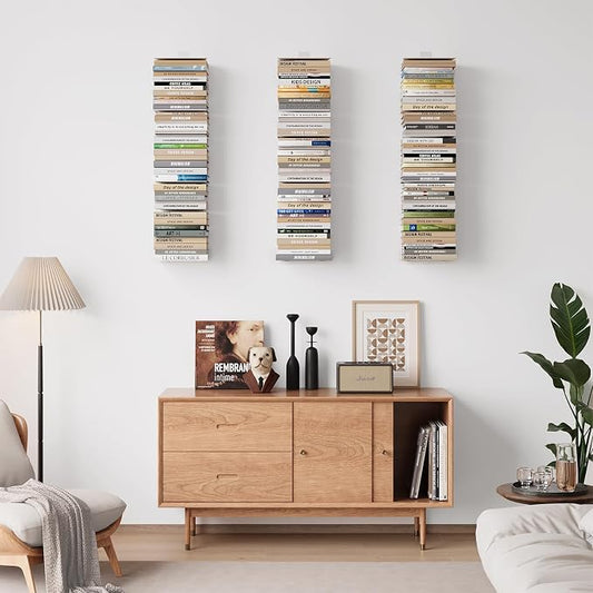 Wawocs Invisible Bookshelves for Wall, 8 Tier Floating Bookshelf Made of Heavy Duty Metal, Vertical Spine Book Tower Hanging Wall Bookshelf, Floating Book Shelves for Wall, 4 Pack White